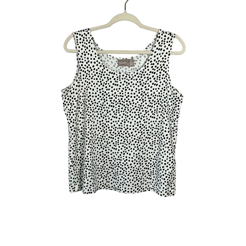 Chicos Black White Polka Dot Scoop Neck Tank Top Sleeveless Size 2 Large